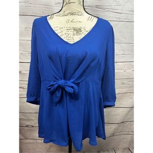 Torrid Women's Blue Tie Front V‎ Neck 3/4 Sleeve Peplum Top Size 00